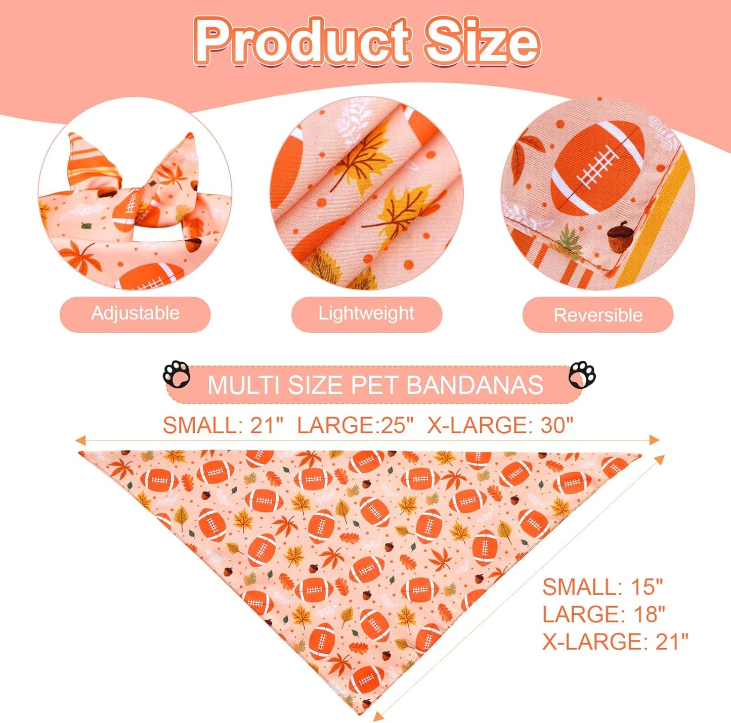 Thanksgiving Dog Bandanas XLarge 3PCS, 6 Pattern Fall Scarf for Boy and Girl, Pumpkin Leaves Rugby Triangle Reversible Bibs Breed for Puppy Pets