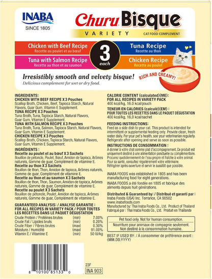 INABA Churu Bisque for Cats, Creamy Lickable Purée Side Dish with Vitamin E, 1.4 Ounces per Pouch, 12 Pouches, Tuna & Chicken Variety