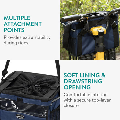 Navaris Pet Carrier for Bikes - Bike Basket Dog Carrier - Ideal Carriers for Small to Medium Dogs Up to 10kg (22lbs) - Drawstring Bag with Secure Locks and Strap - Blue