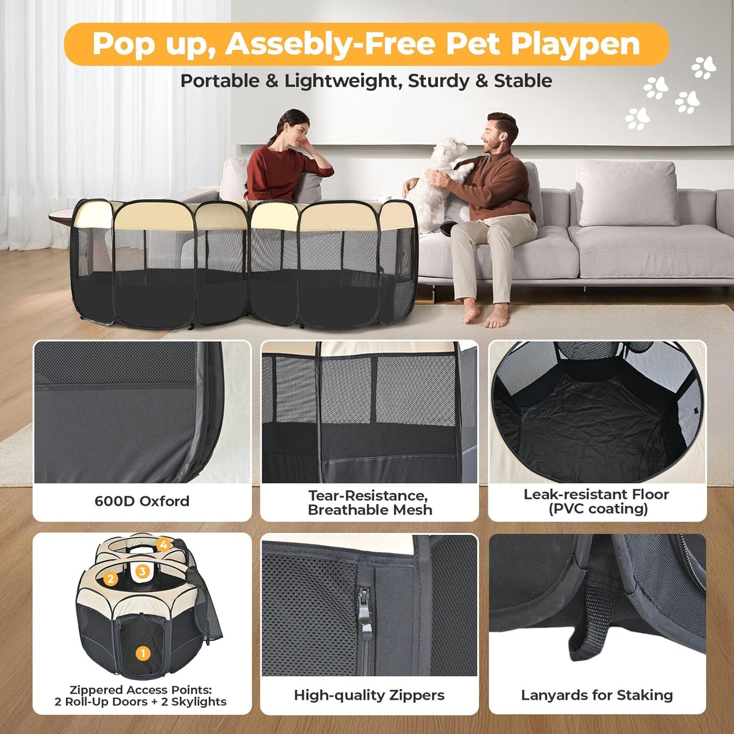 EighteenTek 2-in-1 Pop Up Cat Playpen, Assembly-Free Dog Puppy Pet Playpen, Indoor Outdoor Cats Enclosed, Cat Tent House Crate Cage, Portable & Foldable Playpen for Kittens(No Divider, Unified Space)