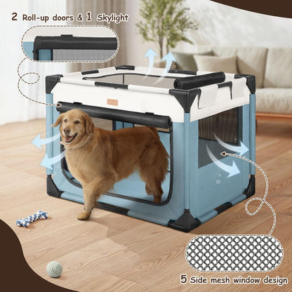 Dog Crate - Soft Pet Kennel for Dogs/Cats, 3-Door Breathable Travel Cage with Mesh Window, Portable Dog Kennel for Indoor & Outdoor, Blue-L