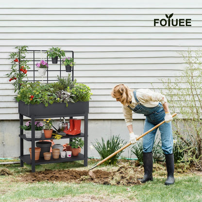 Metal Raised Garden Bed with Trellis, Elevated Planter Box with Legs for Outdoor Patio, Iron Standing Garden Box for Vegetables, Herbs, Flowers, Climbing Plants