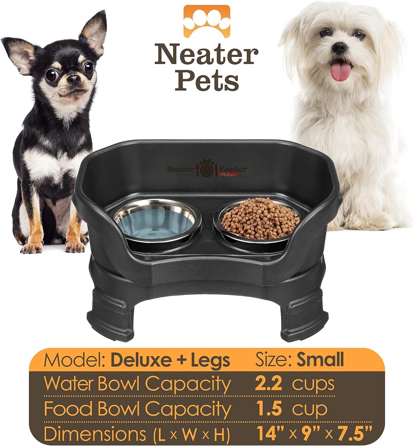 Neater Feeder Deluxe Mess Proof Dog Bowls Elevated for Small Breeds – Made in USA – No Spill Raised Dog Food Bowl Stand w/Leg Extensions – Stainless Steel Dog Food and Water Bowl Set – Black
