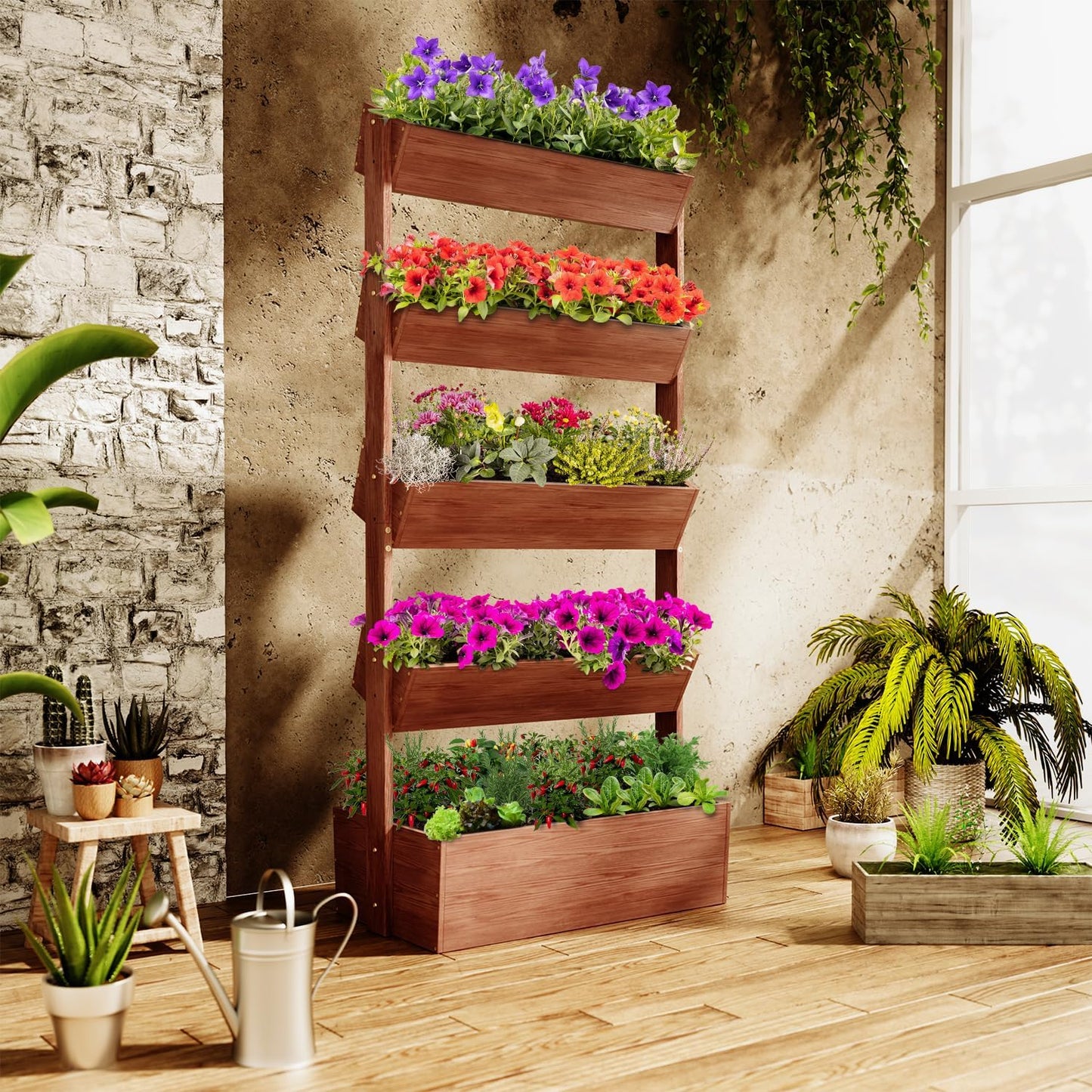 SUNYRISY 5 Tiers Vertical Wooden Raised Garden Bed Outdoor, Freestanding Garden Planter Box Stand for Planting Herbs Flowers Vegetables Outdoor Gardening