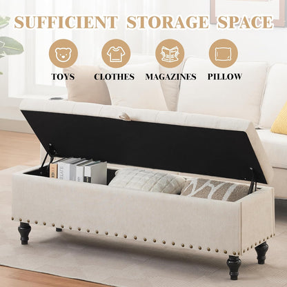 Mangodan51” Linen End of Bed Storage Bench, Tufetd Upholstered Storage Ottoman Bench with Safety Hinge, 330 lb Large Ottoman with Storages for Living Room, Entryway & Bedroom, Window Benches, Beige