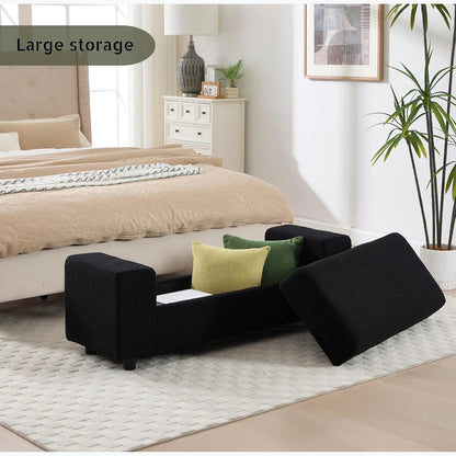 Teddy Storage Ottoman Bench,55 Inch Upholstered Boucle Comfy Sherpa End of Bed Bench with Large Storage for Bedroom/Living Room/Entryway/Closet(Black)