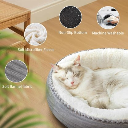 23in Round Cat Dog Bed for Large Medium Small Dogs Cats, Machine Washable Sleeping Sofa, Non-Slip Bottom Breathable Soft Calming Pet Cuddler for Indoor/Outdoor/Car/Cage, Light Grey