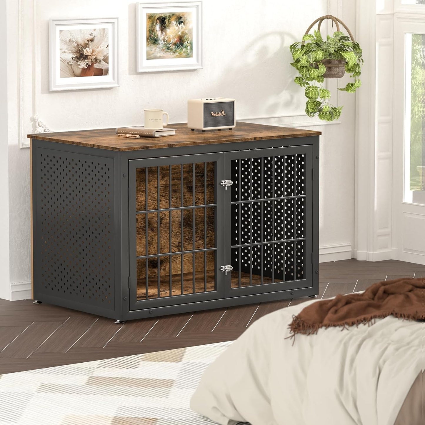 48" Rustic Heavy Duty Dog Crate Furniture for Extra Large Dogs, Metal Kennel for High Anxiety Dogs, Wooden Cage Furniture Indoor, Decorative Dog Kennel End Table, XL