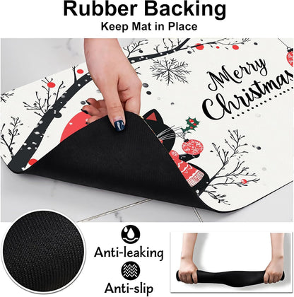 Christmas Black Cat Pet Feeding Mat-Quick Dry Absorbent Dog Cat Food Mat, Anti-Slip Water Bowl Mats for Messy Eaters-No Stains Indoor Pet Accessories 12"x20"