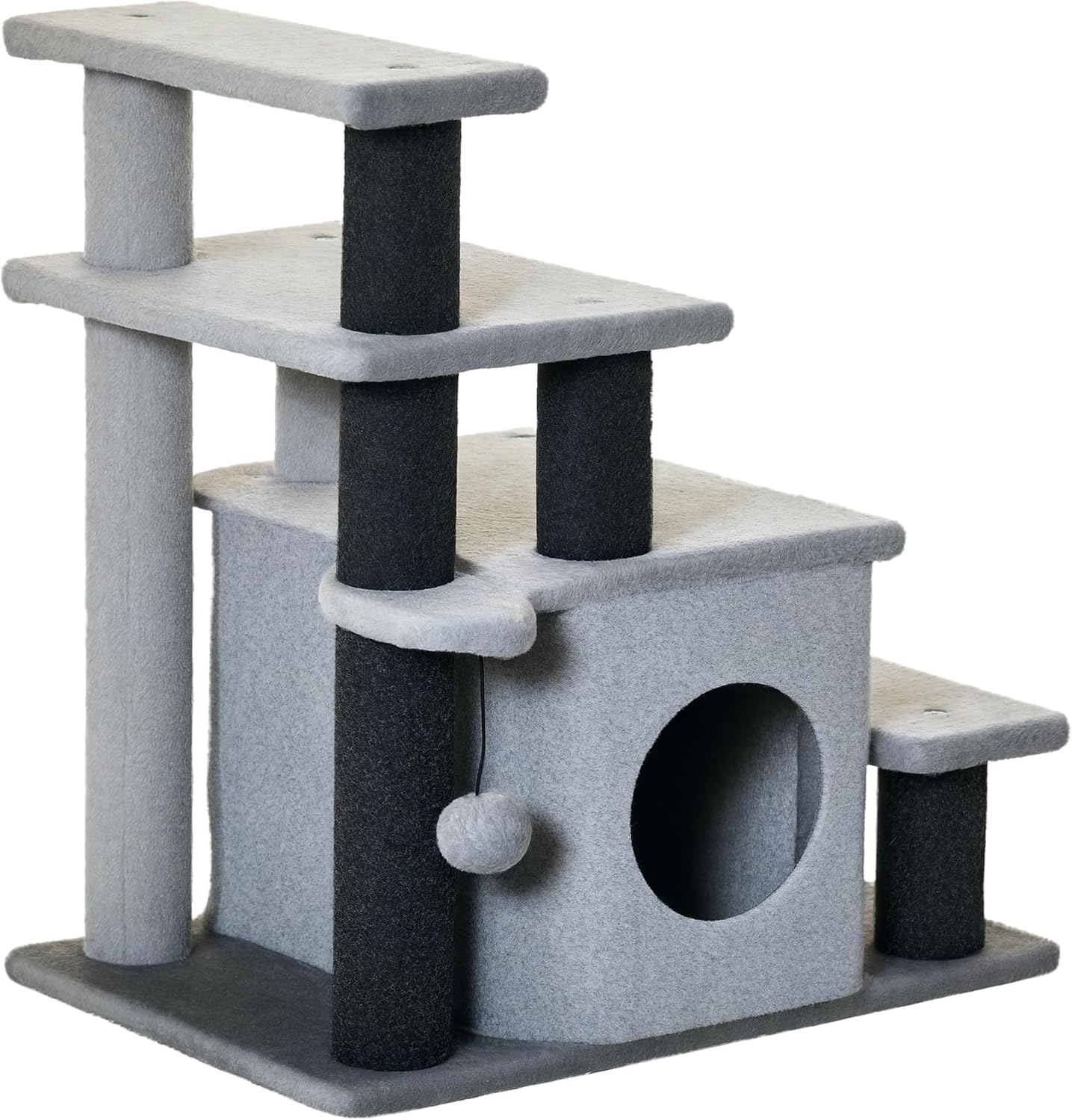 PawHut Pet Stairs, Adjustable Height 3/4 Step Cat Steps with Scratching Post, Condo, Toy Ball for High Bed, Sofa, Couch, Indoor Small Cats, Kittens, Gray