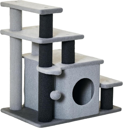 PawHut Pet Stairs, Adjustable Height 3/4 Step Cat Steps with Scratching Post, Condo, Toy Ball for High Bed, Sofa, Couch, Indoor Small Cats, Kittens, Gray
