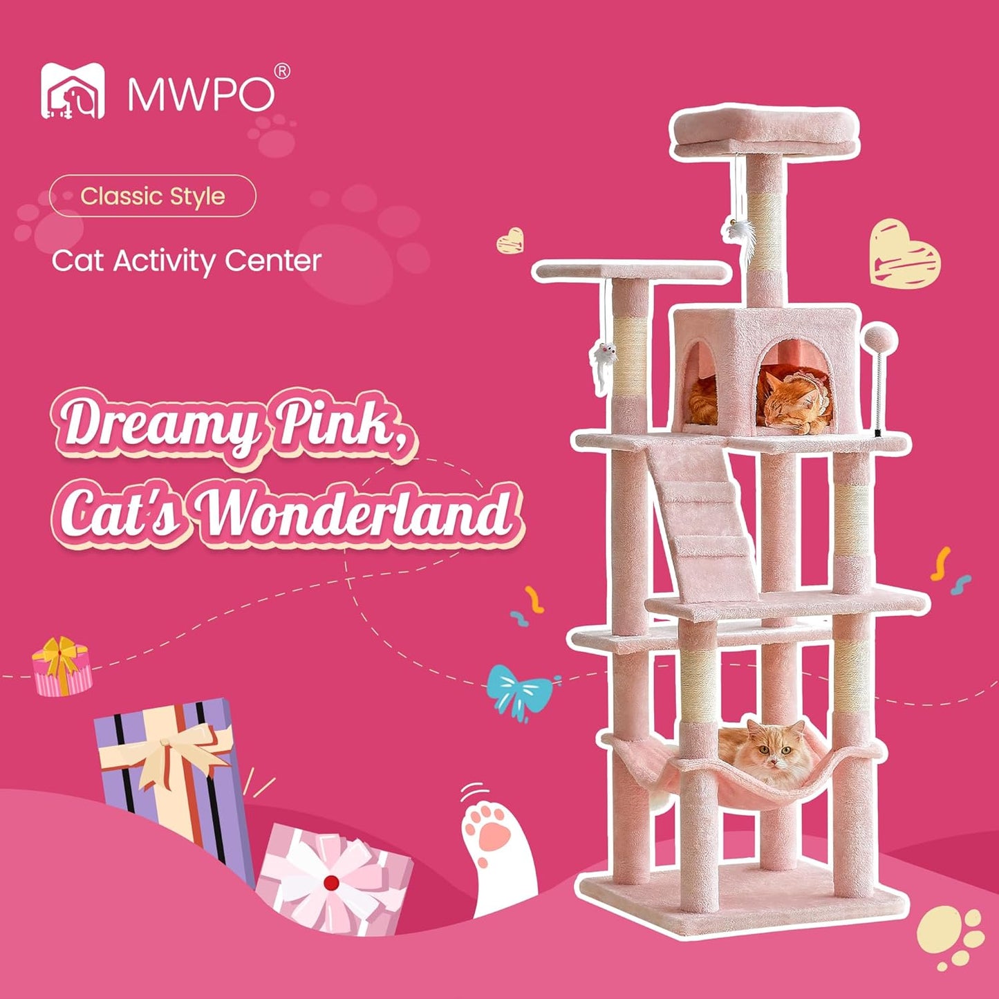 MWPO 63.8-Inch Pink Cat Tree for Indoor Cats, Multi-Level Cat Tower with Sisal-Covered Scratching Posts, Padded Platform, Hammock, Dangling Toys, Stable Cat Condo Pet Play House