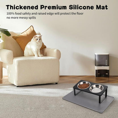 Upgraded Elevated Cat Bowls with Food Mat,15°Tilted Stand Anti Vomiting Raised Cat Dishes for Food and Water,2 Stainless Steel Bowls for Cats and Puppy（Black）