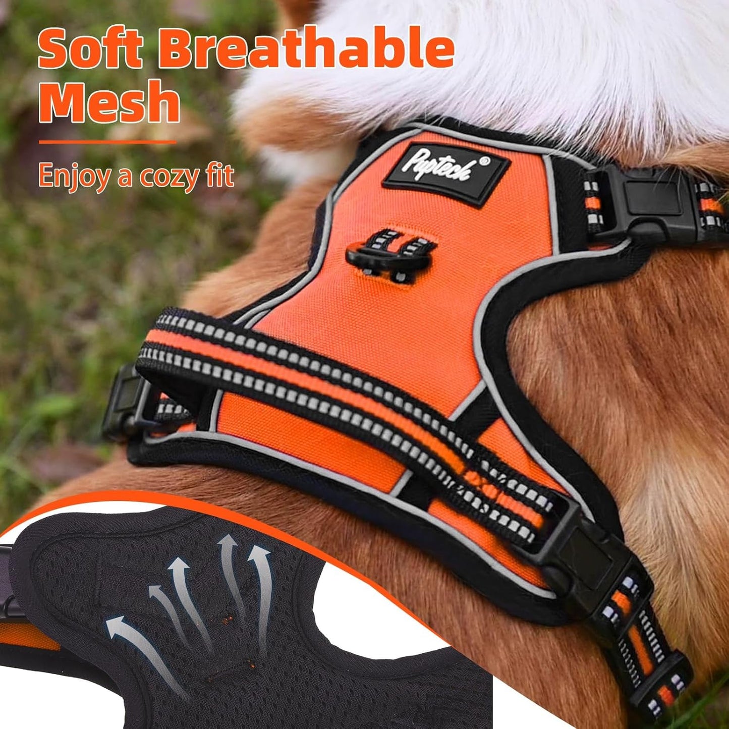 PUPTECK No Pull Dog Harness Medium Sized, Adjustable Reflective Dog Harness with Handle Easy Control, Comfortable Soft Padded Pet Vest Harness for Medium Dogs, Orange M