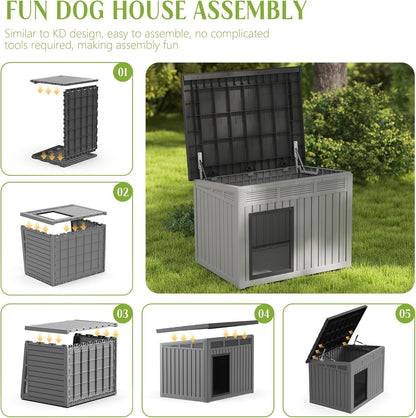 Dog House Indoor Outdoor,Resin Waterproof Puppy Shelter with Air Vents and Elevated Floor,Air Rod on Top to Open,Dog Kennel for Small to Large Dogs(Grey,42.87 * 32.95 * 31.61)