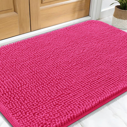 OLANLY Dog Door Mat for Muddy Paws 34x21, Absorbs Moisture and Dirt, Absorbent Non-Slip Washable Doormat, Quick Dry Chenille Mud Mat for Dogs, Entry Indoor Entryway Carpet for Inside Floor, Hot Pink