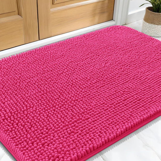 OLANLY Dog Door Mat for Muddy Paws 34x21, Absorbs Moisture and Dirt, Absorbent Non-Slip Washable Doormat, Quick Dry Chenille Mud Mat for Dogs, Entry Indoor Entryway Carpet for Inside Floor, Hot Pink
