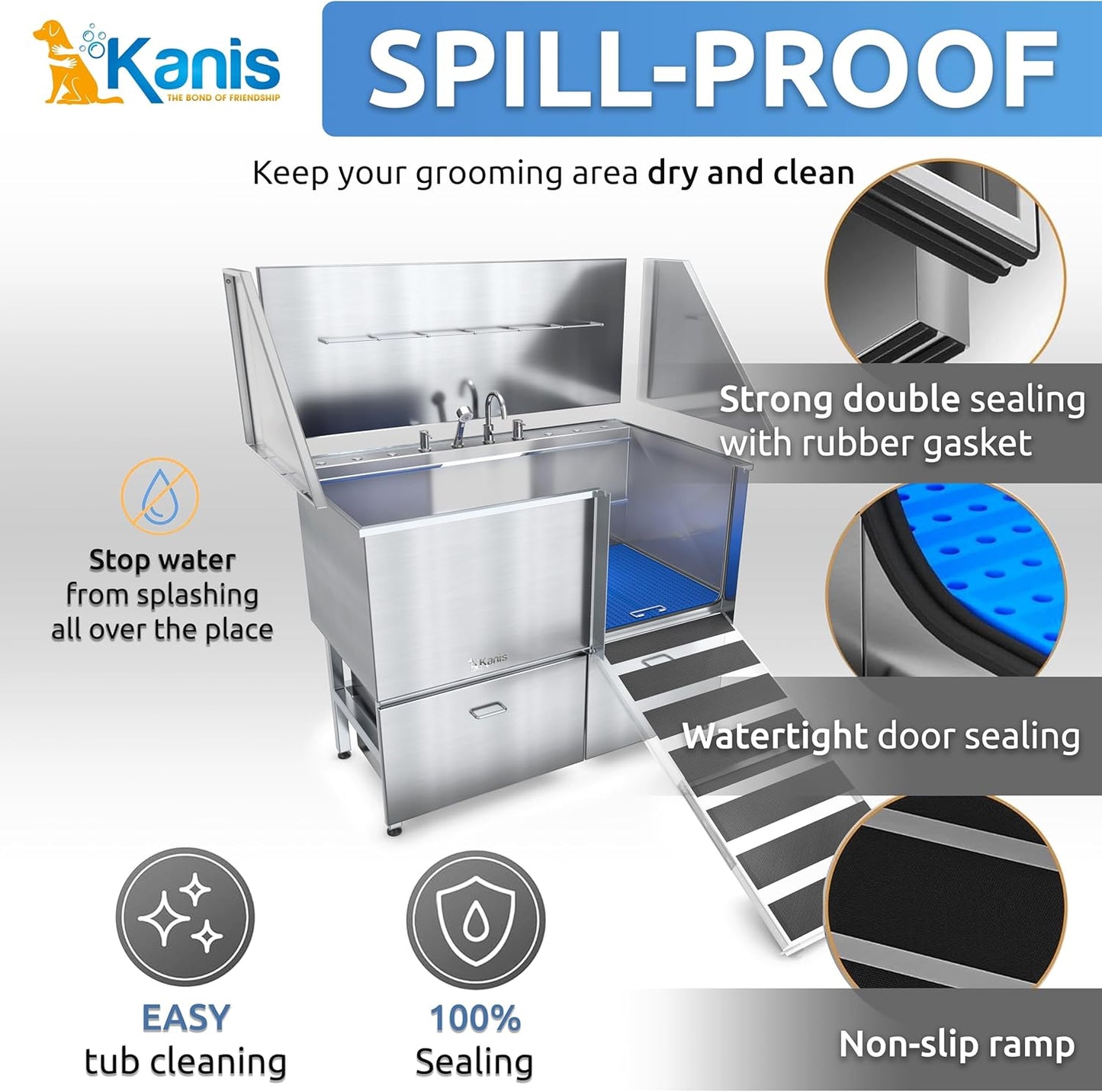 KANIS Professional Dog Washing Station - 304 Stainless Steel Pet Wash Sink & Grooming Bath Tub for Home with Ramp, Shower, Floor Grate, Storage Drawers, and Faucet for Large, Medium & Small Pets