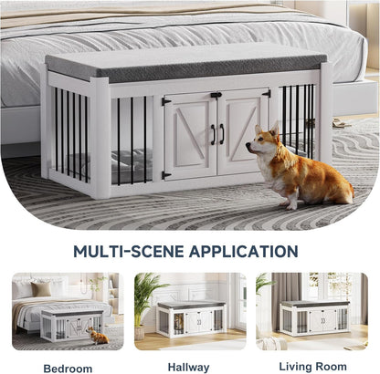 Dog Crate Furniture with Padded Seat, Luxury Wooden Dog Kennel, End of Bed Bench Ottoman with Removable Cushion for Bedroom, Living Roome, White