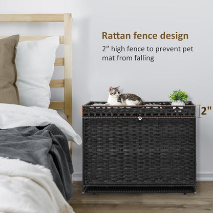 Cat Litter Box Enclosure with Soft Litter Mat; Hidden Cat Washroom Furniture with Door; Handwoven Rattan Cat House with Large Space; Pet Crate for Living Room, Bedroom, Balcony (Black)