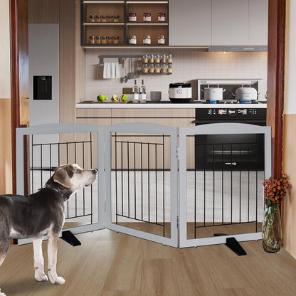 ZJSF Freestanding Dog Fence Indoor, Foldable Dog Gate for Doorways, Stairs or Hallways, Sturdy Wood Extra Wide Pet Gate with Support Feet for The House, Grey, 24 "Height-3 Panels