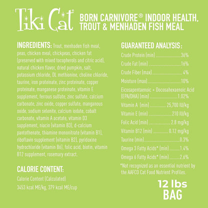 Tiki Cat Born Carnivore Indoor Health Dry Cat Food, Trout & Menhaden Fish Meal, 12 lbs. Bag