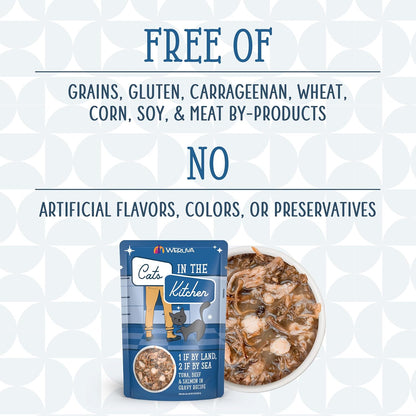 Weruva Cats in The Kitchen, 1 if by Land, 2 if by Sea with Tuna, Beef & Salmon in Gravy Cat Food, 3oz Pouch (Pack of 12)