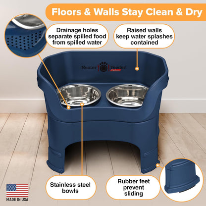 Neater Feeder Deluxe Mess Proof Dog Bowls Elevated for Large Dogs – Made in USA – No Spill Raised Dog Food Bowl Stand w/Leg Extensions – Stainless Steel Food and Water Bowl Set – Dark Blue
