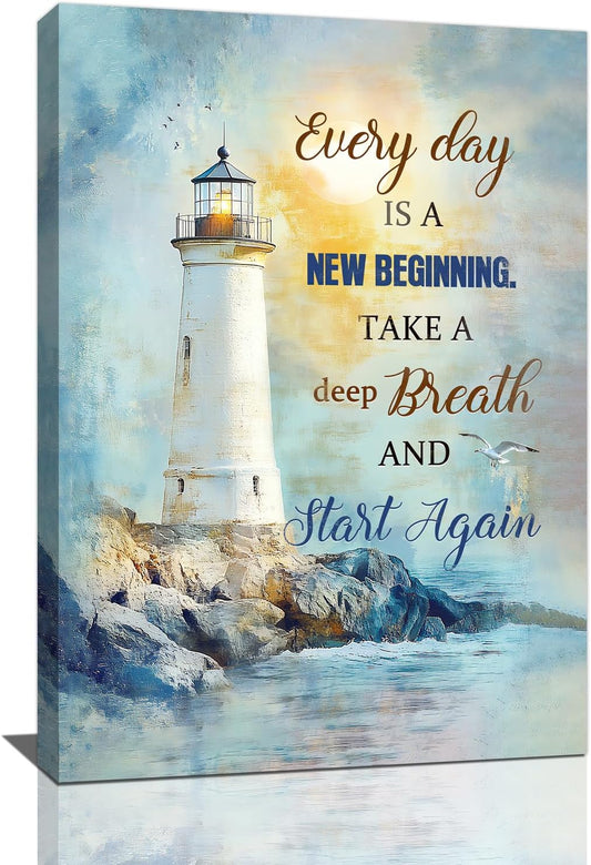 Ocean Lighthouse Pictures Wall Art, Coastal Nautical Bathroom Wall Decor Every Day is a New Beginning Motivational Quote Framed Painting Canvas Artwork for Bedroom Living Room Decorations 24"L x 16"W