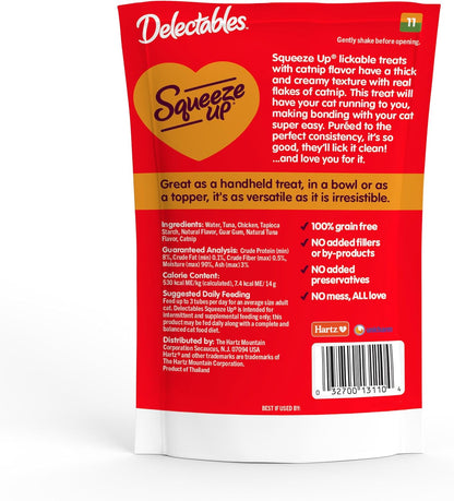 Delectables Squeeze Up Creamy Squeezable Puree, Lickable Wet Cat Treats, Grain Free, No Added Fillers, No By-Products, No Added Preservatives, 0.5 Ounces Tube Chicken with Catnip, 32 Tubes Total