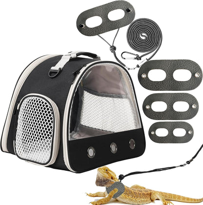Leopard Gecko Portable Carrier with Leather Harness and Leash Set,Small Animal Travel Cage with Transparent Window,Lizard Carrier for Hamster Rabbit Gerbil Hedgehog Sugar Glider