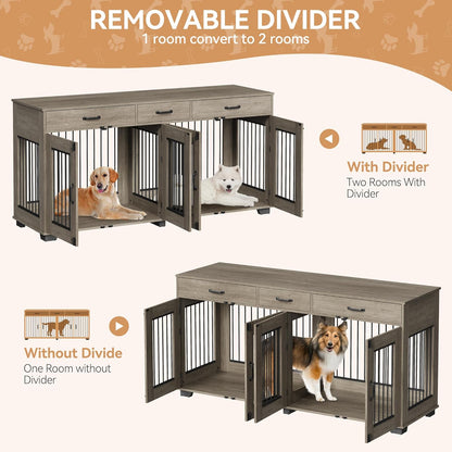 71 in Dog Crate Furniture for 2 Dogs, Wooden Double Dog Crate with 3 Drawers and Removable Room Divider, XXL Indoor Dog Kennel TV Stand End Table with Double Doors for Large Medium Dogs, Grey