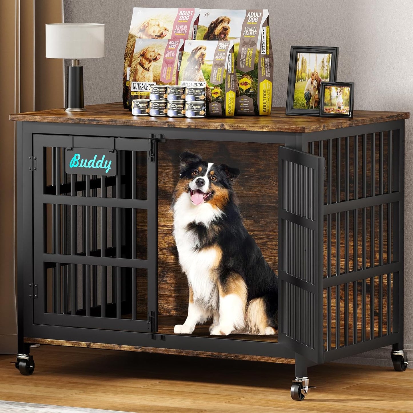 EasyCom 42"/41"/33" Dog Crate Furniture with Name Tag, XL Heavy Duty Dog Kennel Indoor for Large and Medium Dogs, Double-Doors Sturdy Dog Cage for Anxiety Dog, Decorate House as TV Stand