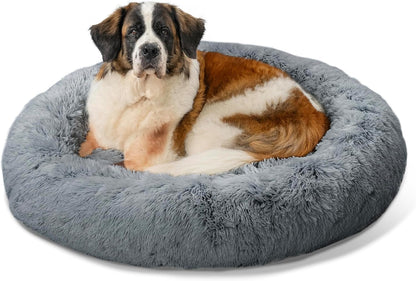 Best Friends by Sheri Original Calming Donut Dog and Cat Bed, Shag Faux Fur, Gray, XL (45in x 45in) - Anxiety Relief for Pets Up to 150 lbs