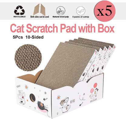 5 Packs in 1 Cat Scratch Pad with Box, Cat Scratcher Cardboard,Reversible,Durable Recyclable Cardboard, Suitable for Cats to Rest, Grind Claws and Play with Scratch Box