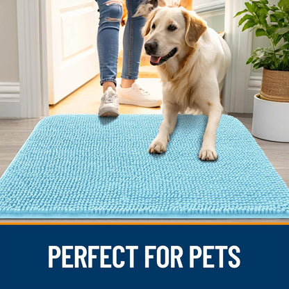 OLANLY Dog Door Mat for Muddy Paws 44x24, Absorbs Moisture and Dirt, Absorbent Non-Slip Washable Doormat, Quick Dry Chenille Mud Mat for Dogs, Entry Indoor Entryway Carpet for Inside Floor, Blue