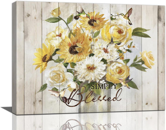 Sunflower Bathroom Pictures Wall Art, Simple Blessed Floral Bathroom Wall Decor, Flower Framed