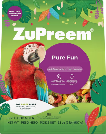 ZuPreem Pure Fun Bird Food, Amazon, Cockatoo, Macaw, Seed and Pellet Blend for Large Birds, Food Mixer Topper, Enriching Variety, Made in USA, Bird Seed for Large Birds (L, 2 lbs)