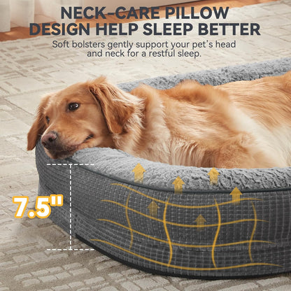 JOEJOY Orthopedic Dog Bed for Extra Large Dogs, Egg-Crate Memory Foam Pet Bed with Bolster Sides, Waterproof Lining, Removable Washable Cover & Non-Slip Bottom, Grey
