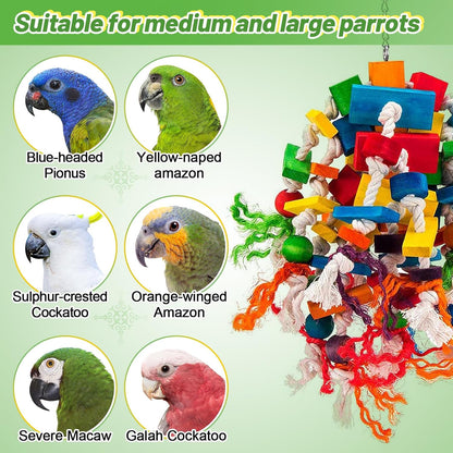 Large Parrot Toy - Multicolored Wooden Blocks Tearing Toys for Birds Suggested for African Grey, Macaw and Amazon Parrots
