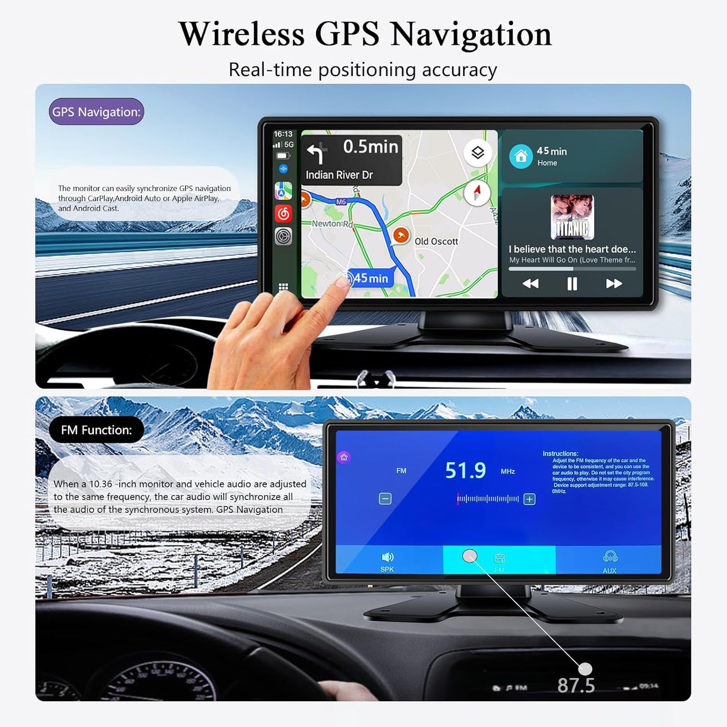 RV Backup Camera with Carplay Android Auto for RV Horse Trailer Semi Box Truck,1080P HD 4 Splits 10.36" Touch Monitor Rear/Side Backup Cameras with Mirror Link FM Waterproof Night Vision DVR Recording