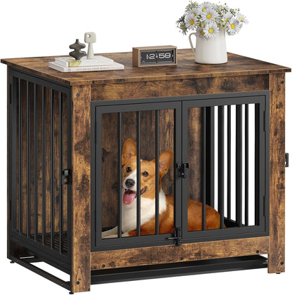 Dog Crate Furniture, Dog Crate End Table for Small and Medium Dogs,Wooden Cage Kennel Furniture Indoor, Modern Dog Crate with Multi-Purpose Removable Tray, Double-Doors Dog Furniture, Rustic Brown