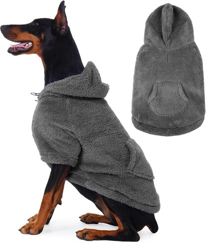 IDOMIK Fuzzy Dog Sweater with Adjustable Hood, Warm Fleece Dog Sweater Hoodie with Harness Hole & Pocket, Pullover Sweaters for Large Dogs, Fuzzy Hooded Sweatshirt for Fall Winter Christmas,Grey,2XL