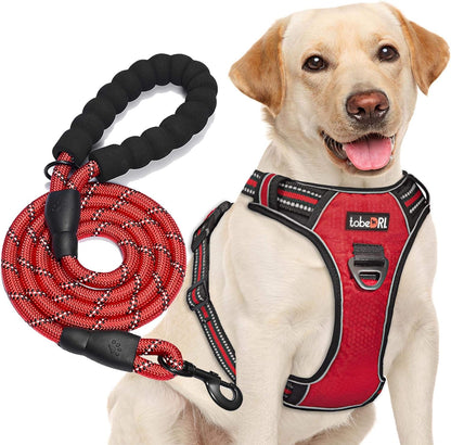 No Pull Dog Harness Adjustable Reflective Oxford Easy Control Medium Large Dog Harness with A Free Heavy Duty 5ft Dog Leash (XL (Neck: 21.5"-33", Chest: 30"-39.5"), Red Harness+Leash)