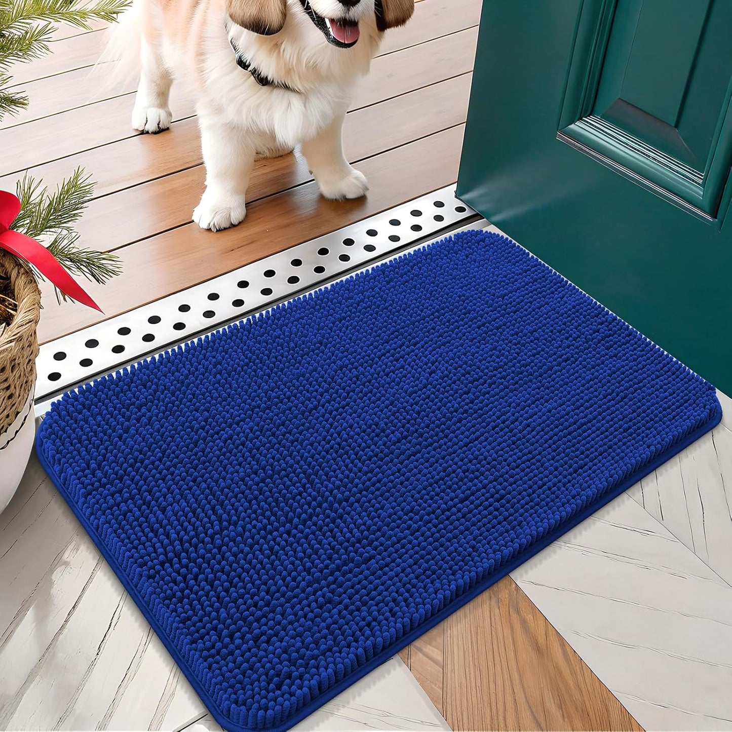 OLANLY Dog Door Mat for Muddy Paws 24x16, Absorbs Moisture and Dirt, Absorbent Non-Slip Washable Doormat, Quick Dry Chenille Mud Mat for Dogs, Entry Indoor Entryway Carpet for Inside Floor, Royal Blue