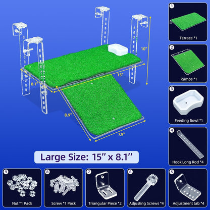 Adjustable Hanging Turtle Dock with Anti-Slip Artificial Grass Basking Platform Sturdy Acrylic Ramp for Aquatic Turtles, Compatible with Various Tank Sizes, Easy Setup Transparent, 15 Inch