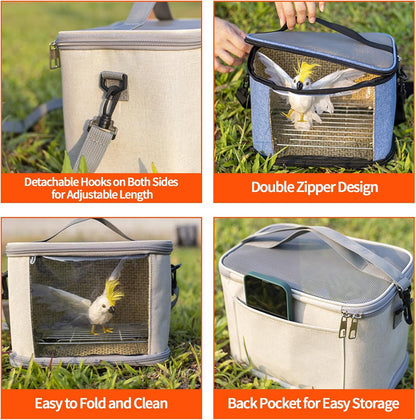 Bird Travel Carrierm, Small Bird Travel Backpack Carrier Cage with Tray and Breathable Clear Window, for Parakeet Cockatiel Budgies, for Camping Hiking (Blue)