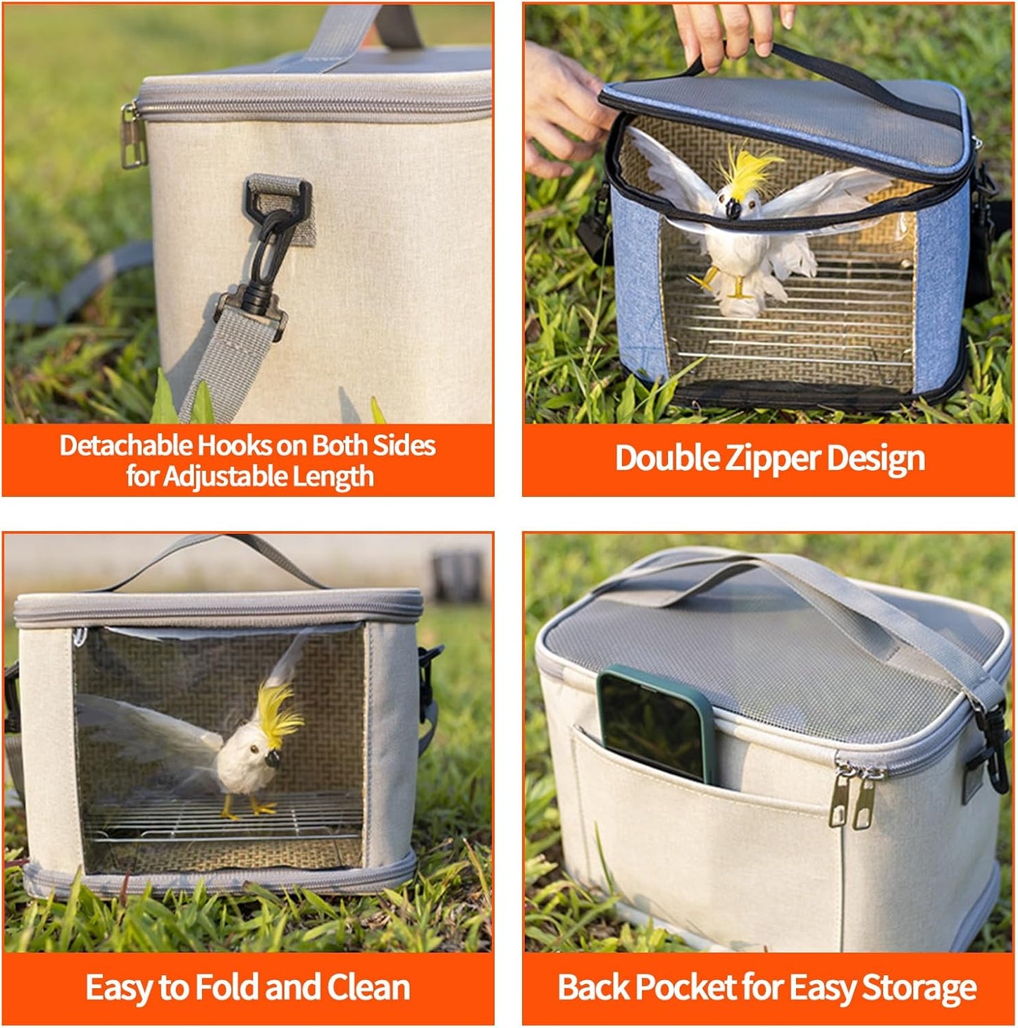 Bird Travel Carrierm, Small Bird Travel Backpack Carrier Cage with Tray and Breathable Clear Window, for Parakeet Cockatiel Budgies, for Camping Hiking (Large-White)