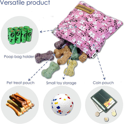 Dog Treat Pouch, Small Cotton Pocket Sized Training Holder, Hand Free Walking Fanny Bag with Carabiner, Self-Closing Pet Feed Snack Reward, Behavior Aids for Puppy Travel or Outdoor Use