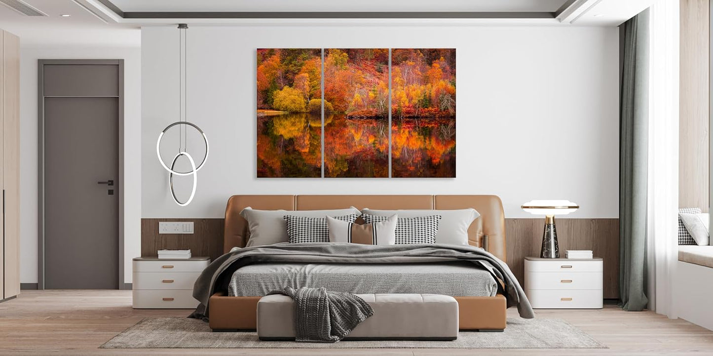 Nature Wall Art Prints - Ocean Forest Mountain Lake Canvas Landscapes - Small to Extra Large Living Room Bedroom Kitchen Bathroom Décor (Autumn Forest with Lake, 55L" x 83W"- 3 Panels)